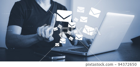 Businessman hand touch  communication icons, letter icon, email icons, and newsletter email and protect your personal information or spam mail, Customer service call center contact. 94372650
