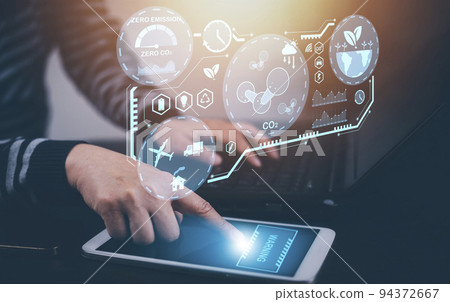 Man touch bar of energy worker interface, sustainable development with renewable energy icon,conservation of natural resources Environmental protection,electric car, powerplant, energy transmission 94372667