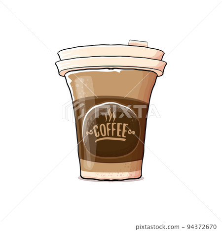 Cartoon Coffee cup isolated on white background . vector coffee paper color cup with hot coffee and color label. Coffee day sticker Cartoon Coffee cup isolated on white background . vector coffee paper color cup with hot coffee and color label. Coffee day sticker 94372670