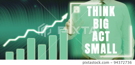 Writing displaying text Think Big Act Small. Business concept Great Ambitious Goals Take Little Steps one at a time 94372736