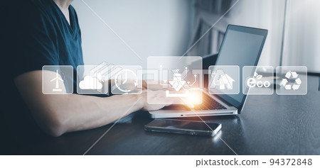 Laptop and eco with energy worker interface, sustainable development with renewable energy icon,conservation of natural resources Environmental protection,electric car, powerplant, energy transmission 94372848