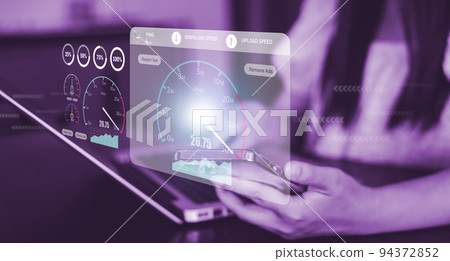 Fast internet connection with Metaverse technology concept, Hand holding smartphone and Virtual screen of Internet speed measurement,Internet and technology concept, 5G Hi speed internet concept 94372852