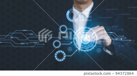 Innovation with Graphical User Interface Concept, businessman pointing on a virtual panoramic screen. Innovative ideas presented by management consultants on-screen, design, invention development Innovation with Graphical User Interface Concept, businessman pointing on a virtual panoramic screen. Innovative ideas presented by management consultants on-screen, design, invention development 94372864