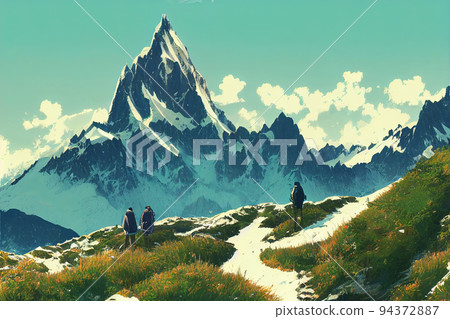 Amazing view on Monte Bianco mountains range with tourist on a foreground 94372887