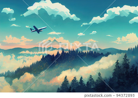 Airplane is flying over low clouds 94372893