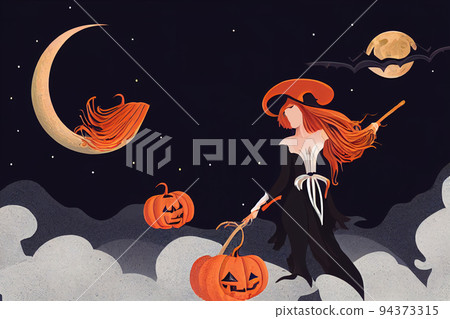 Beautiful witch, redhead woman in spooky hat flying on broom 94373315