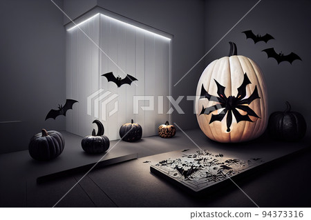 Carved pumpkins, bats and spiders 94373316