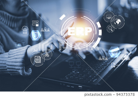 Businessman using laptop with document management for ERP, enterprise resource management software system for business, Enterprise resource planning,  business management company, Internet technology. 94373378