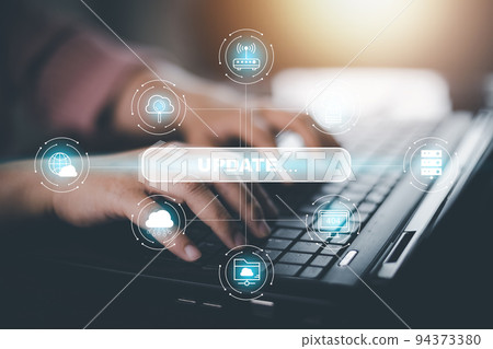 Hand touch bar of Update Software Computer Program Upgrade Business Technology Internet, Update on virtual screen. Internet and technology concept, loading bar with installing the update. 94373380