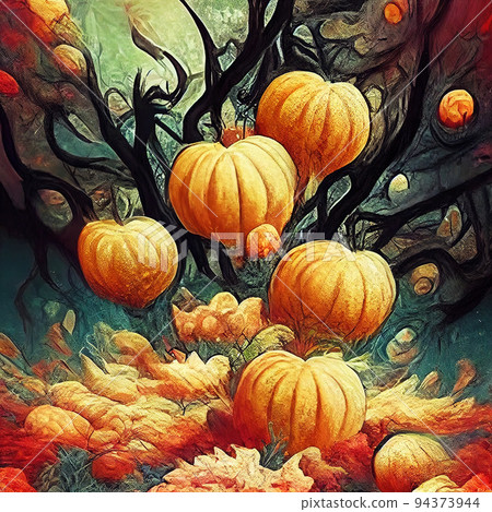 Autumn pumpkins in gloomy trees. Illustration with autumn red pumpkins. Associative painting. Digital illustration based on render by neural network Autumn pumpkins in gloomy trees. Illustration with autumn red pumpkins. Associative painting. Digital illustration based on render by neural network 94373944