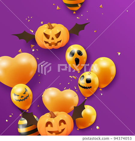 Halloween banner with flying pumpkins, confetti and ghost balloons on purple background. Halloween background with scary air balloons. Holiday greeting card 94374053