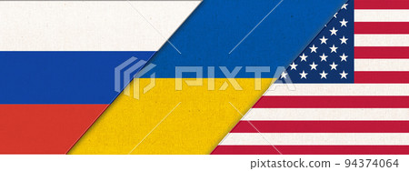 Flag of Ukraine Russia and USA-3D illustration. Three Flag Together. 94374064