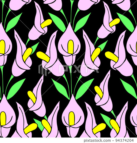 symmetrical seamless pattern of pink flowers on a black background, texture, design 94374204