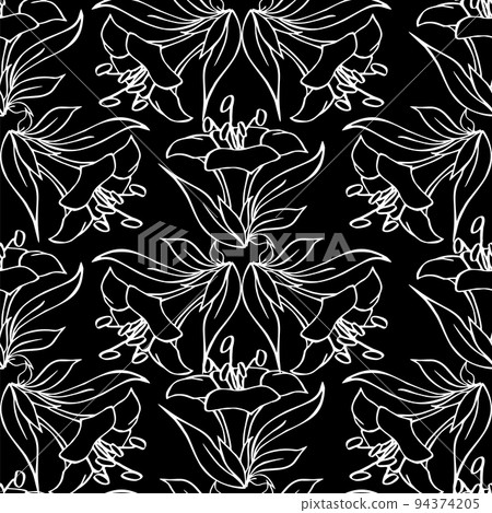 seamless contour pattern of large white graphic flowers on a black background, texture, design seamless contour pattern of large white graphic flowers on a black background, texture, design 94374205