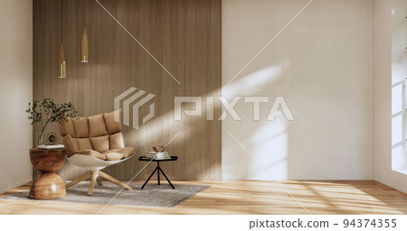 Armchair onEmpty room wabi sabi style. 3D illustration rendering Armchair onEmpty room wabi sabi style. 3D illustration rendering 94374355