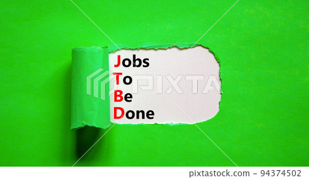JTBD jobs to be done symbol. Concept words JTBD jobs to be done on white paper on a beautiful green background. Business and JTBD jobs to be done concept. Copy space. 94374502