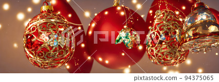 Christmas Tree, Ornaments and Defocused Lights Background. xmas balls. banner size 94375065