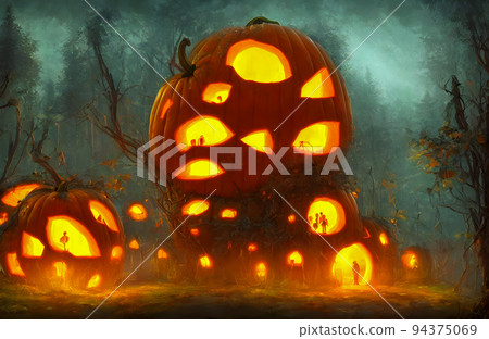 Illuminated Halloween Carved Pumpkins, head jack. Scary forest. Holiday background. Illuminated Halloween Carved Pumpkins, head jack. Scary forest. Holiday background. 94375069