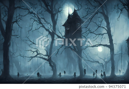 Illuminated Halloween Carved Pumpkins, head jack. Scary forest. Holiday background. Illuminated Halloween Carved Pumpkins, head jack. Scary forest. Holiday background. 94375071
