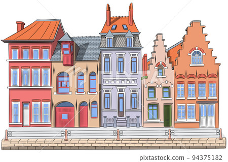 Vector. Traditional colorful medieval houses in the historic part of Bruges. 94375182