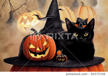 Cute black cat in a witch hat 94375346