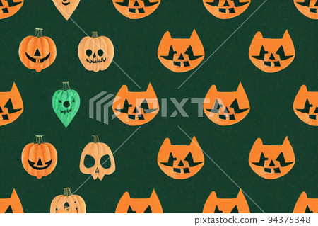 Cute seamless pattern of Halloween cat pumpkin skull heart  94375348