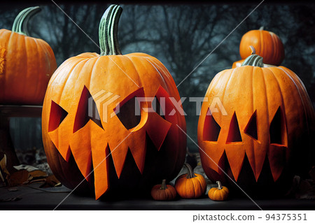 Skull style looking halloween pumpkins in studio light 94375351
