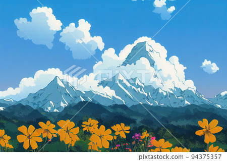 Central alps mountain peak with meadows, flowers, clouds and blue sky Central alps mountain peak with meadows, flowers, clouds and blue sky 94375357