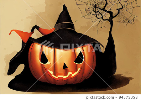 Cartoon halloween pumpkin wearing witch hat isolated Cartoon halloween pumpkin wearing witch hat isolated 94375358