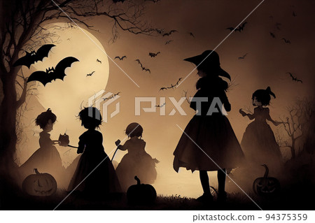 Composition of silhouette children in the halloween night Composition of silhouette children in the halloween night 94375359