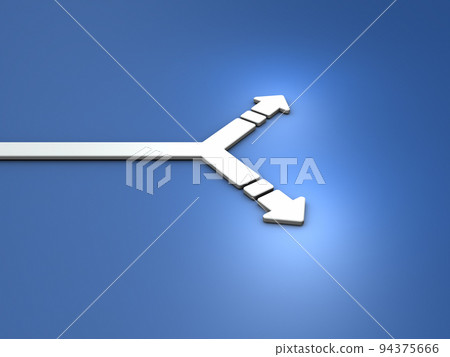 An arrow that splits left and right. Abstract concept representing crossroads and choices. cool blue background. 94375666