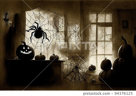 Dark interior of the house decorated for Halloween pumpkins, webs and spiders Dark interior of the house decorated for Halloween pumpkins, webs and spiders 94376125
