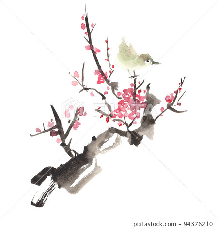 Illustration of a plum tree in ink painting style and a bush warbler perched on a branch 94376210