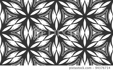 Abstract frozen flower black seamless pattern. Geometric fashion fabric print texture. Repeating decorative background. Monochrome stylized ice leaves ornament. Snowflake ornate wallpaper design 94376714