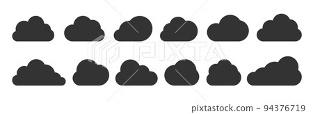 Clouds black flat icon set isolated on white. Different shape cloud abstract web banner template. Digital internet network data technology business concept sign. Outline cartoon speech bubble symbol Clouds black flat icon set isolated on white. Different shape cloud abstract web banner template. Digital internet network data technology business concept sign. Outline cartoon speech bubble symbol 94376719