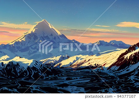 Mt, Elbrus glacier against Caucasus mountains in the evening before sunset Mt, Elbrus glacier against Caucasus mountains in the evening before sunset 94377107