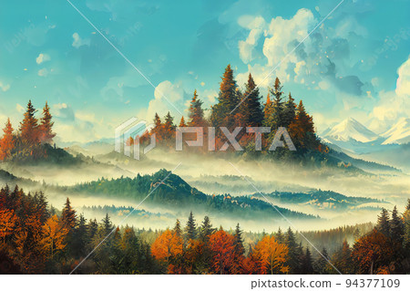 Majestic autumn mountain landscape, A wide panoramic landscape Majestic autumn mountain landscape, A wide panoramic landscape 94377109