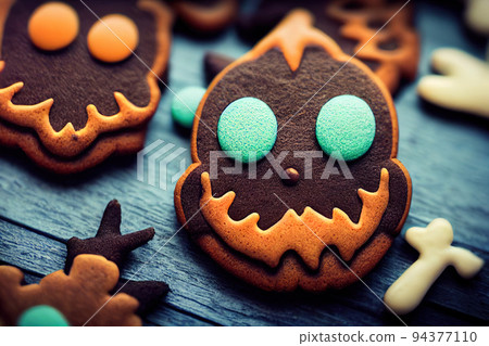 Fresh halloween gingerbread cookies on blue wooden table Fresh halloween gingerbread cookies on blue wooden table 94377110
