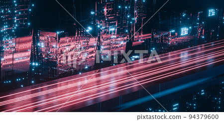 3d rendering sci fi futuristic city with red light trail on road. Night cityscape illustration. 3d rendering sci fi futuristic city with red light trail on road. Night cityscape illustration. 94379600