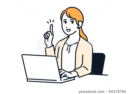 一位穿著西裝的女性在操作筆記本電腦時解釋要點的矢量圖解材料 94379740