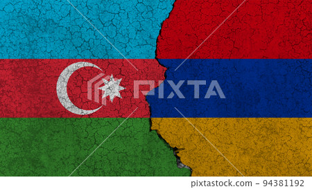 Armenia versus Azerbaijan, the flags of the two countries, separated by a crack, on a ruined wall Armenia versus Azerbaijan, the flags of the two countries, separated by a crack, on a ruined wall 94381192