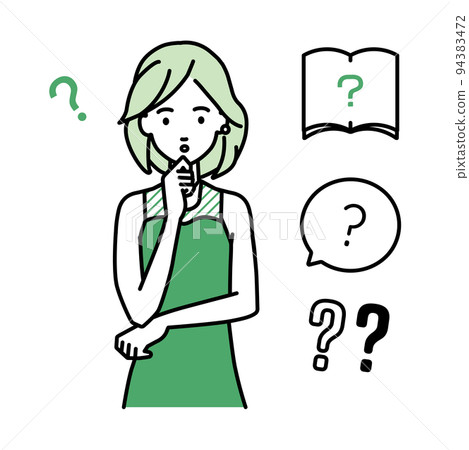 A set of question marks for a woman in a dress who stands and puts her hands on her chin and feels doubts 94383472