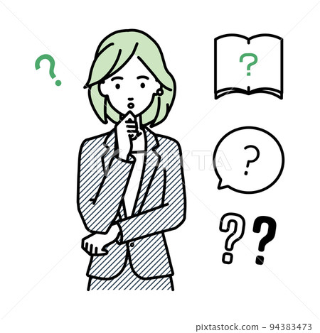 A set of question marks for a woman in a suit who stands and puts her hands on her chin and feels doubts 94383473