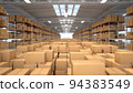 Warehouse hall with boxes and orders. Industrial interior of the hall with lighting. Logistics distribution industrial interior with gates. The work of the marketplace. Distribution center 94383549