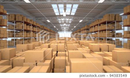 Warehouse hall with boxes and orders. Industrial interior of the hall with lighting. Logistics distribution industrial interior with gates. The work of the marketplace. Distribution center Warehouse hall with boxes and orders. Industrial interior of the hall with lighting. Logistics distribution industrial interior with gates. The work of the marketplace. Distribution center 94383549