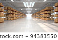Warehouse hall with boxes and orders. Industrial interior of the hall with lighting. Logistics distribution industrial interior with gates. The work of the marketplace. Distribution center 94383550