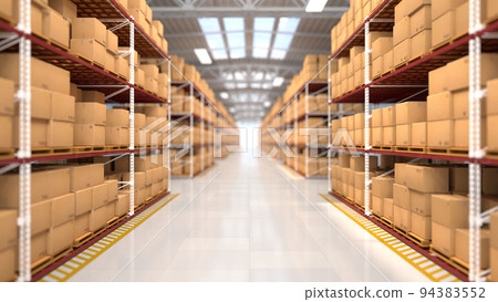 Warehouse hall with boxes and orders. Industrial interior of the hall with lighting. Logistics distribution industrial interior with gates. The work of the marketplace. Distribution center 94383552