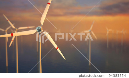 Large wind turbines with blades in field aerial view bright orange sunset blue sky wind park slow motion drone turn. Silhouettes windmills, large orange sun disc summer lens flare. Alternative energy Large wind turbines with blades in field aerial view bright orange sunset blue sky wind park slow motion drone turn. Silhouettes windmills, large orange sun disc summer lens flare. Alternative energy 94383554