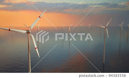 Large wind turbines with blades in field aerial view bright orange sunset blue sky wind park slow motion drone turn. Silhouettes windmills, large orange sun disc summer lens flare. Alternative energy Large wind turbines with blades in field aerial view bright orange sunset blue sky wind park slow motion drone turn. Silhouettes windmills, large orange sun disc summer lens flare. Alternative energy 94383556