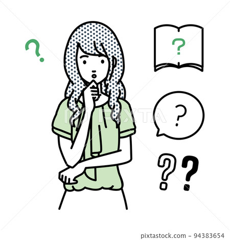 A set of office casual women question marks standing and feeling doubts with their hands on their chins A set of office casual women question marks standing and feeling doubts with their hands on their chins 94383654